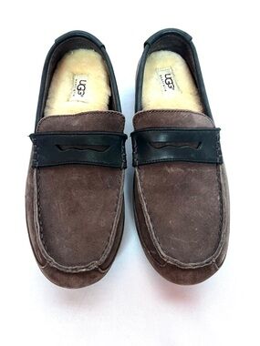 UGG Ascot Mens Slippers Brown Leather Shearling Lined Loafers Sz 10